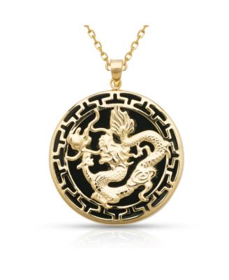 14k Yellow Gold 18-inch Green, Lavender, Onyx Dyed Jade Dragon Greek Key Circle Necklace 26mm x 32mm