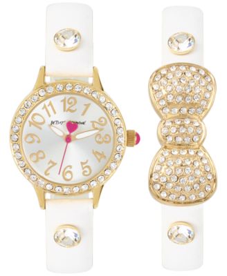 Betsey Johnson - Women's White Imitation Leather Strap Watch & Bracelet Set 30mm BJ00536-37