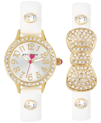Betsey Johnson Women's White Imitation Leather Strap Watch & Bracelet Set 30mm BJ00536-37
