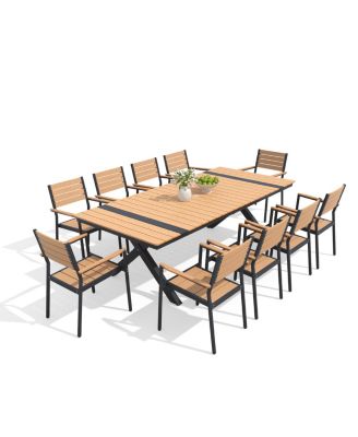 11-Piece Outdoor Patio Dining Table Set All-Weather 94" Aluminum Table with Umbrella Hole Stackable Chairs