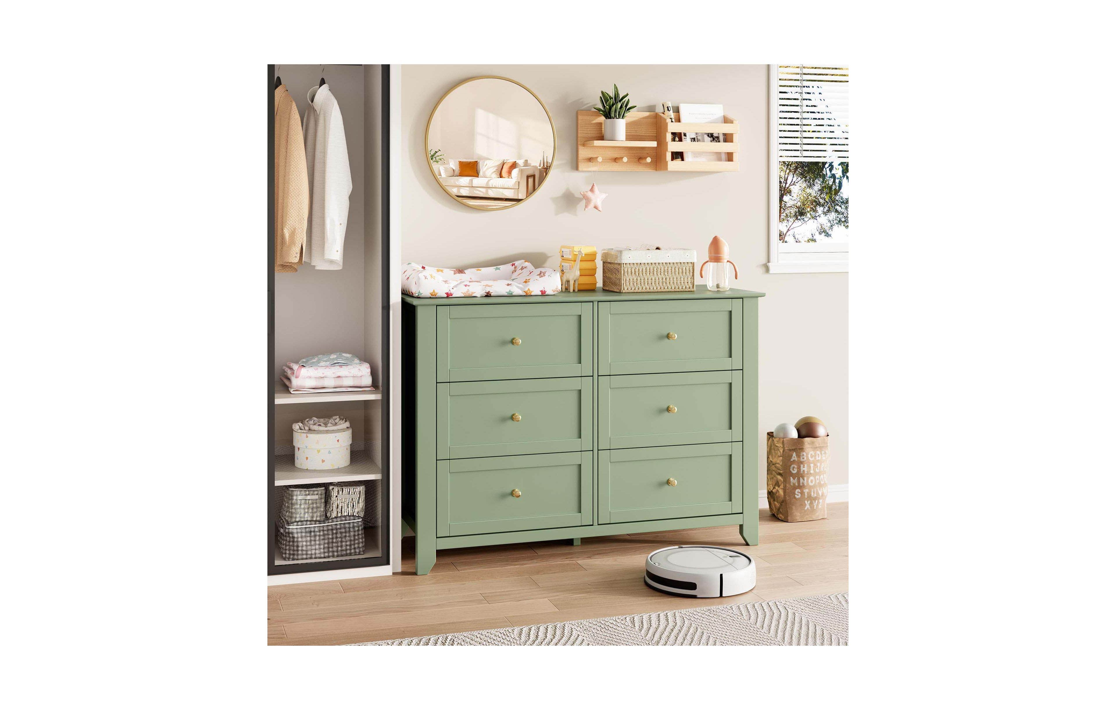 homfan Modern 6 Drawer Dresser, 47.2 Inch Wide Wooden Chest, Metal Knobs, Deep Storage Organizer for Bedroom Closet Nursery Living Room Entryway