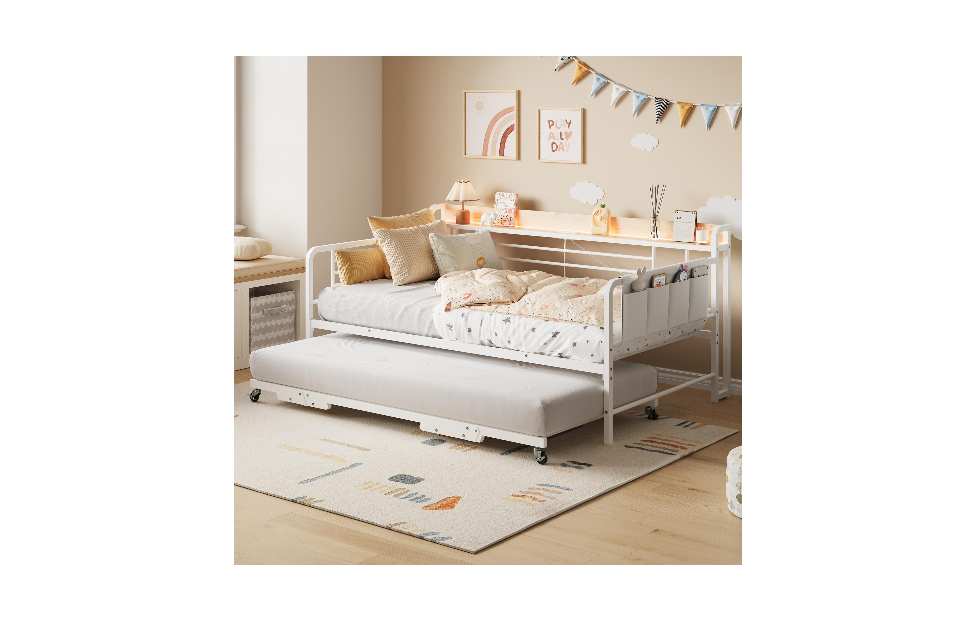homfan Twin Daybed with Trundle Storage Headboard Charging Station Metal Sofa Bed for Bedroom Living Room Guest Room