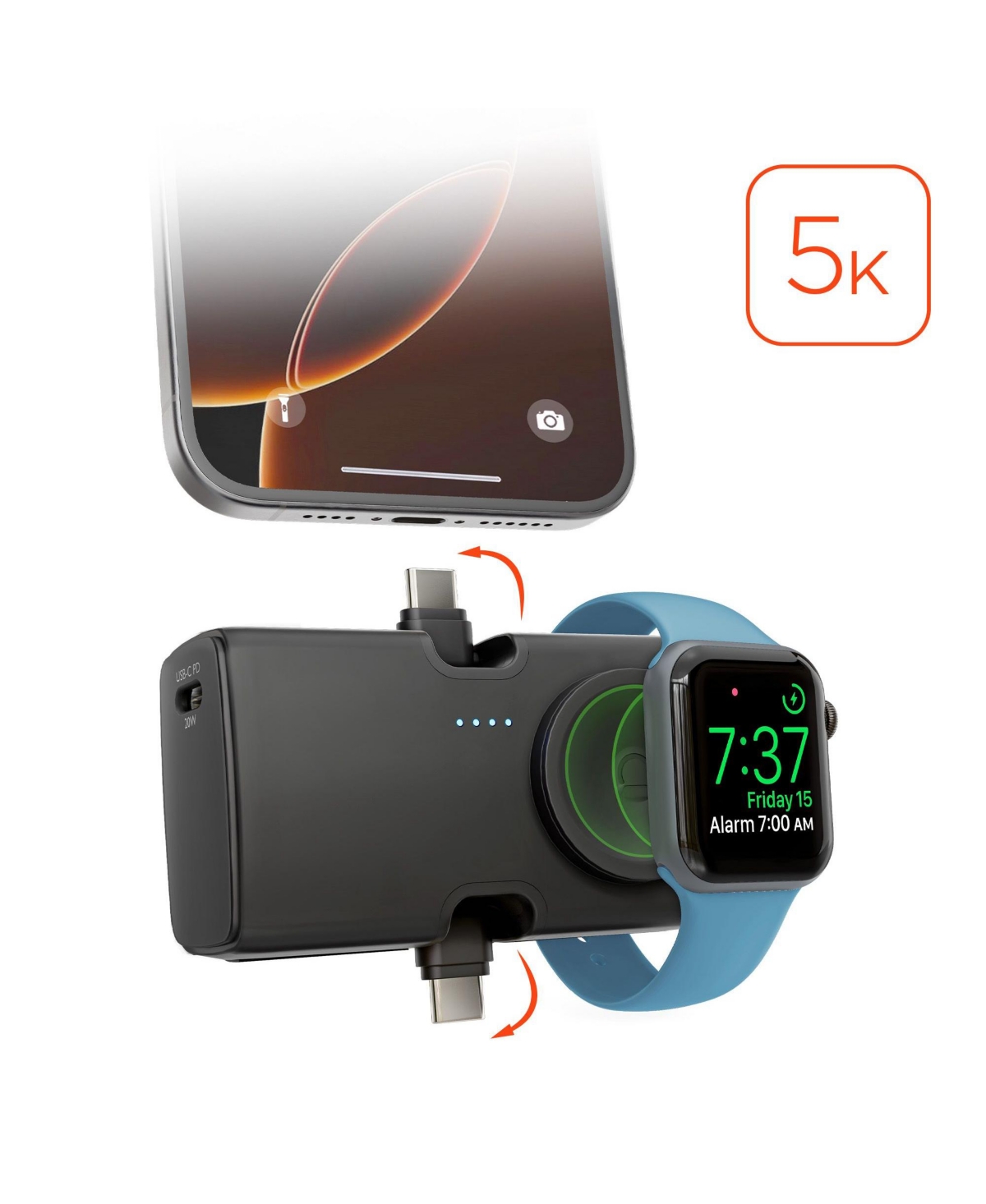 HyperGear Power Pack Nano 5,000mAh Built-in Apple Watch Charger 20W Power Delivery Power Bank for iPhone 15/16/17, Usb-c AirPods, and Apple Watch