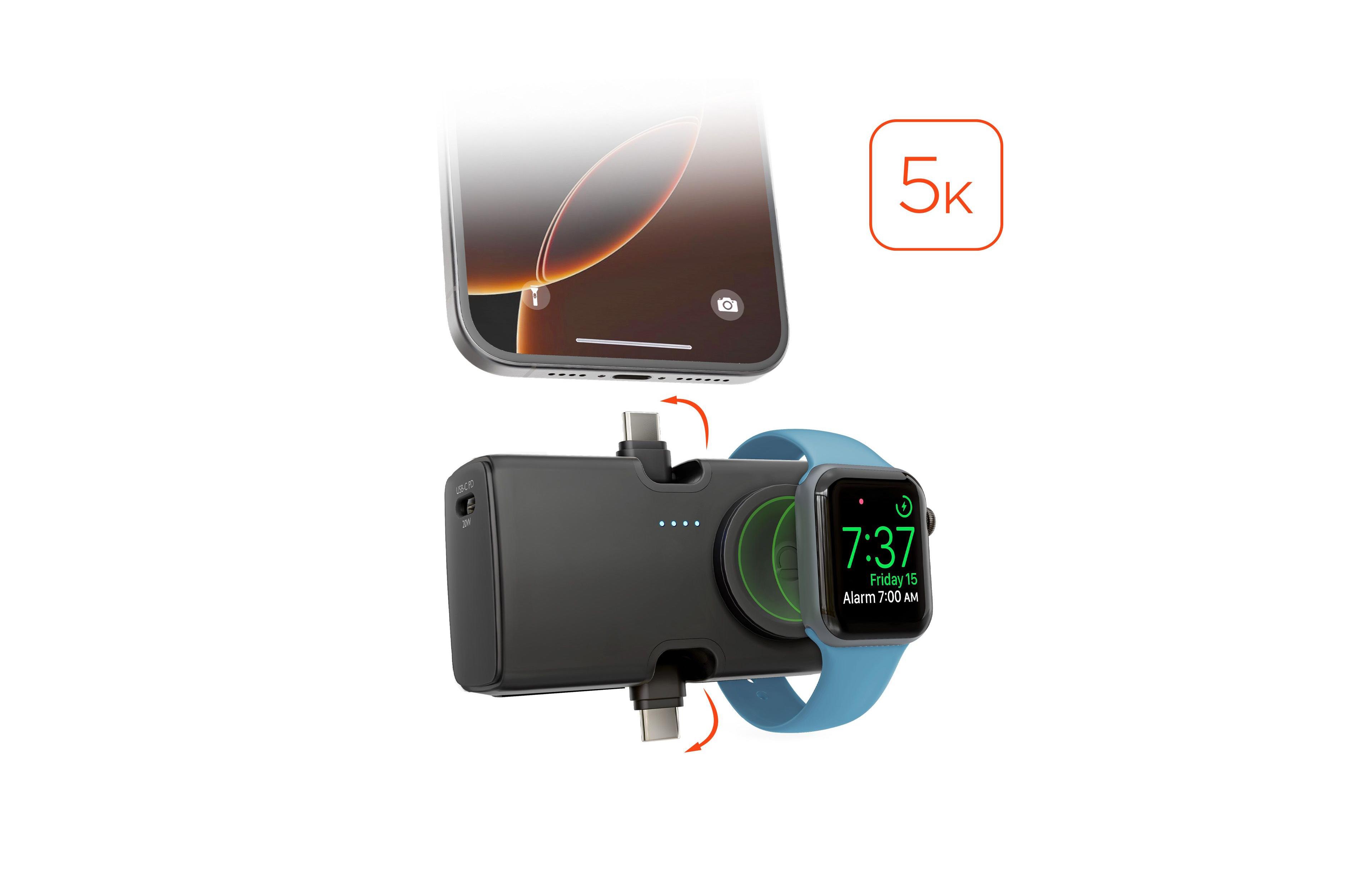 HyperGear Power Pack Nano 5,000mAh Built-in Apple Watch Charger 20W Power Delivery Power Bank for iPhone 15/16/17, Usb-c AirPods, and Apple Watch