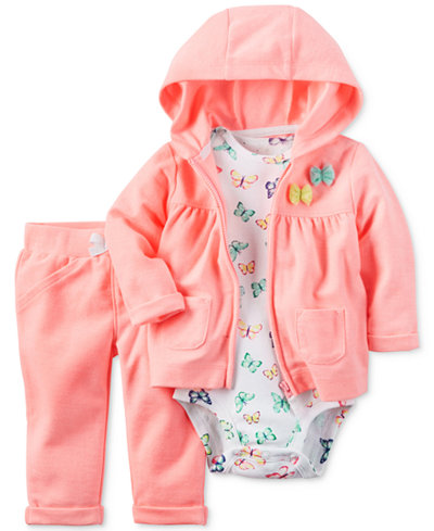 Carter's 3-Pc. Bow Hoodie, Butterfly-Print Bodysuit & Pants Set, Baby Girls (0-24 months)