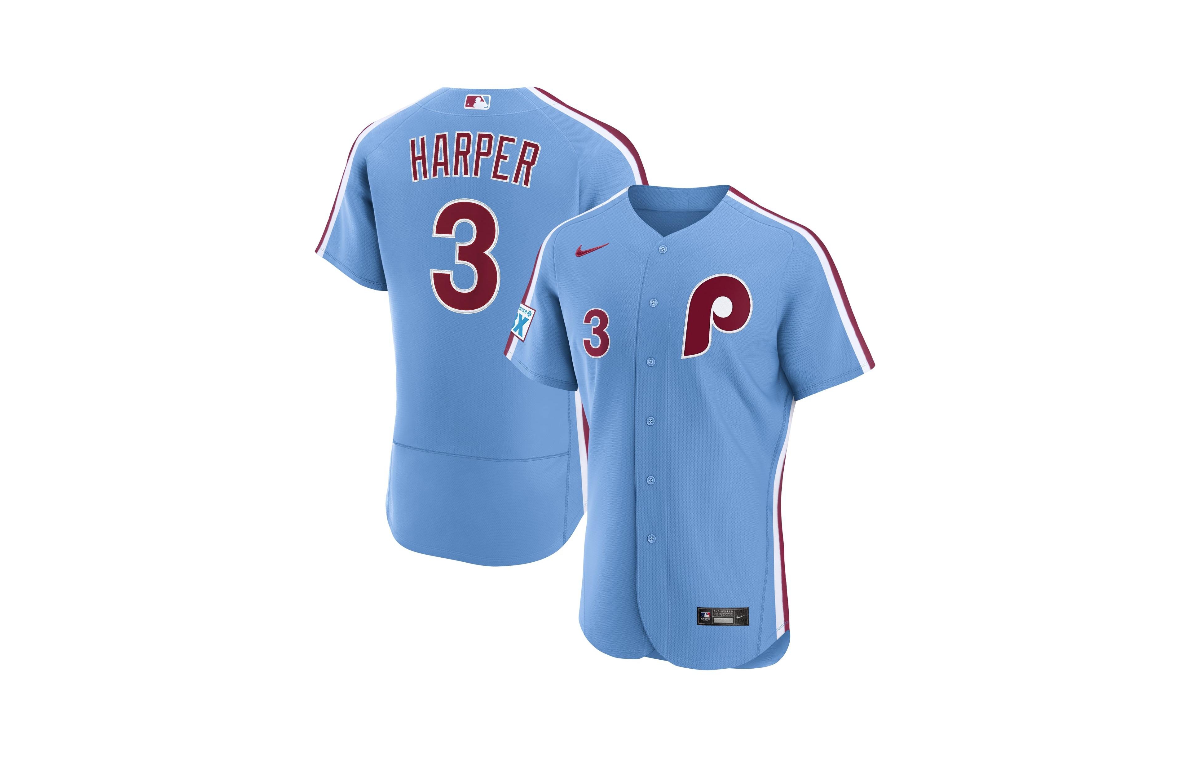 Nike Men's Bryce Harper Light Blue Philadelphia Phillies Alternate Authentic Sponsor Patch Jersey