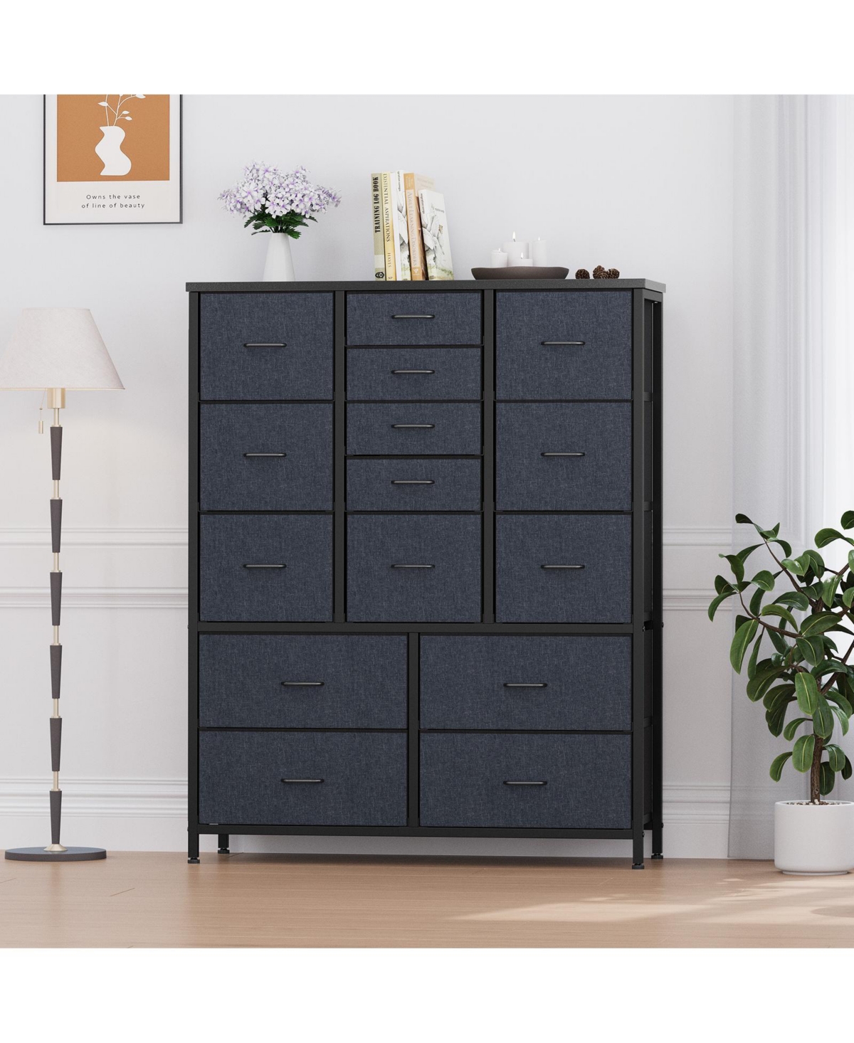 homfan 15-Drawer Tall Fabric Dresser Storage Tower Vertical Chest of Drawers with Metal Frame Wood Top Easy-Pull Handles for Bedroom Closet Hallway