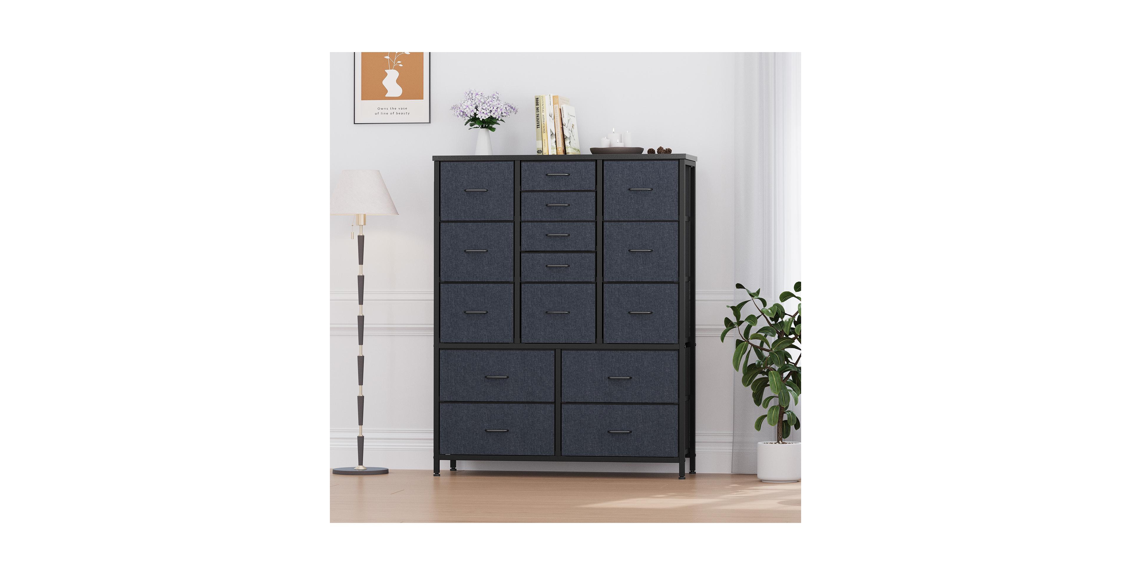 homfan 15-Drawer Tall Fabric Dresser Storage Tower Vertical Chest of Drawers with Metal Frame Wood Top Easy-Pull Handles for Bedroom Closet Hallway