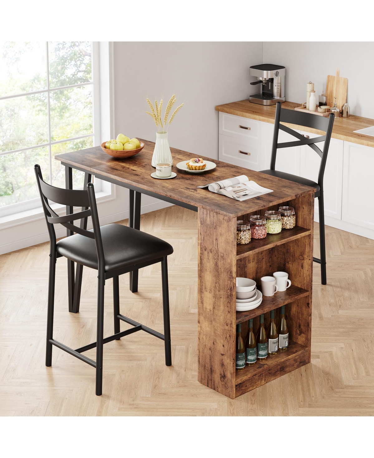 homfan 3-Piece Counter Height Bar Table Set for 2, Expandable Kitchen Bar Table with 3 Storage Shelves and 2 Cushioned Chairs, for Apartment