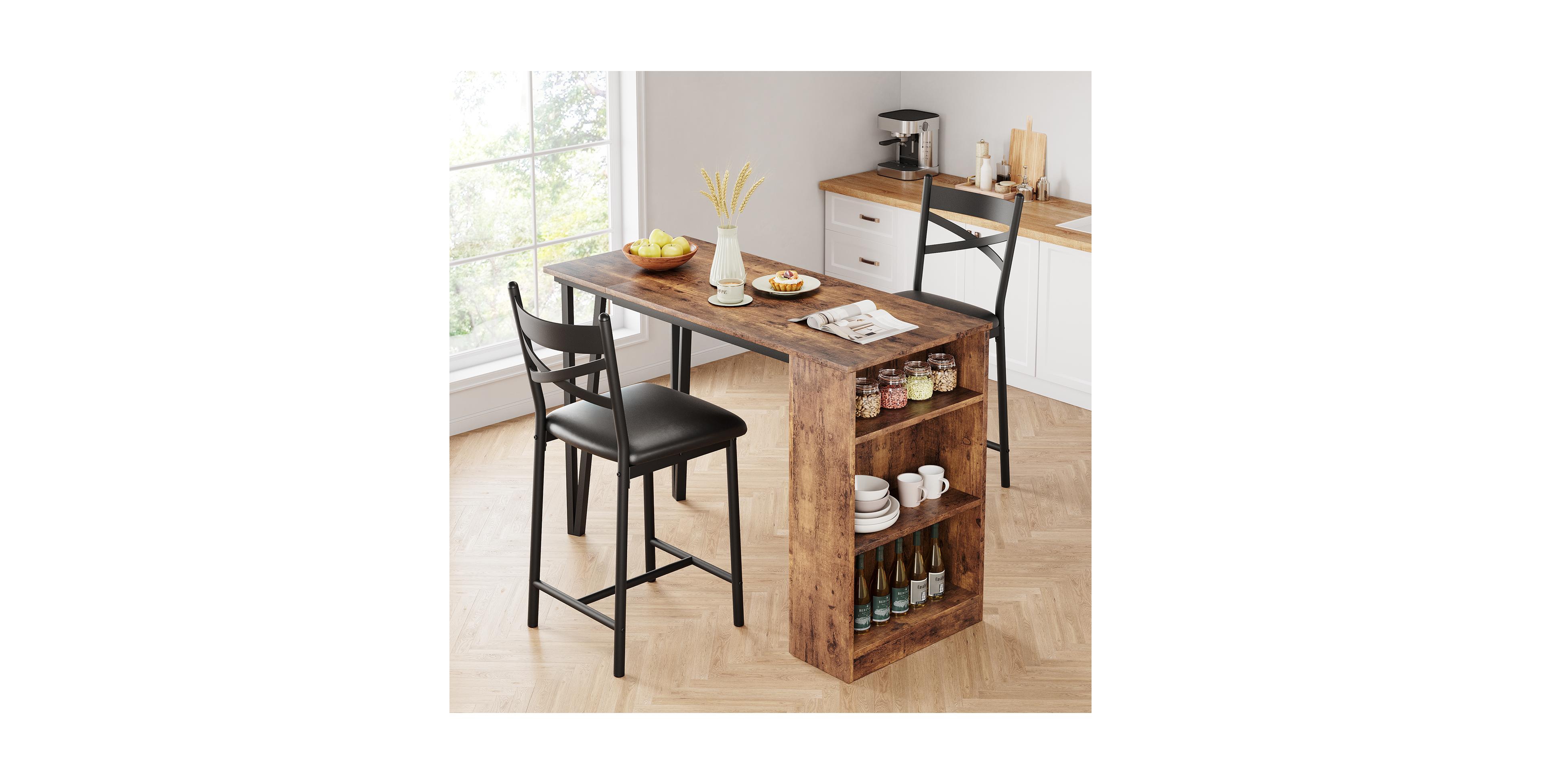 homfan 3-Piece Counter Height Bar Table Set for 2, Expandable Kitchen Bar Table with 3 Storage Shelves and 2 Cushioned Chairs, for Apartment