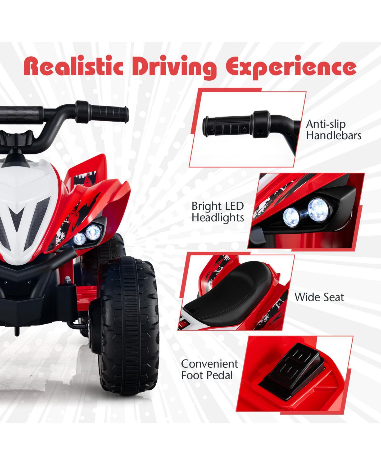 Детская игрушка SUGIFT 12V Rechargeable Ride-On ATV Quad with LED Headlights and 7 mph Max Speed, 66 lb Capacity, Ages 3+, цвет: Красный — фото 5