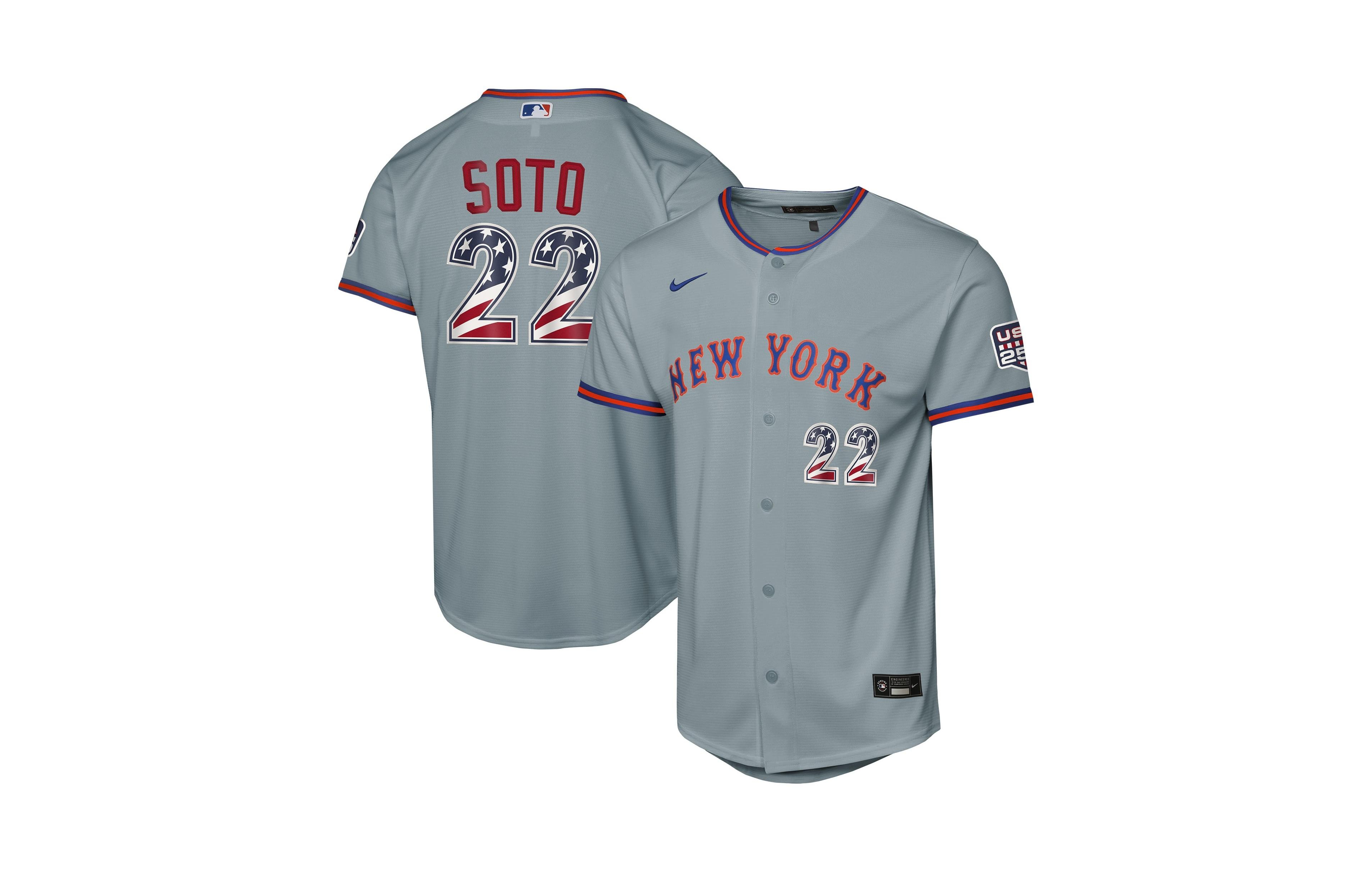 Nike Big Boys and Girls Juan Soto Gray New York Mets Usa 250 Fourth of July Road Replica Jersey