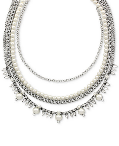 BCBGeneration Silver-Tone Imitation Pearl Chain Collar Necklace