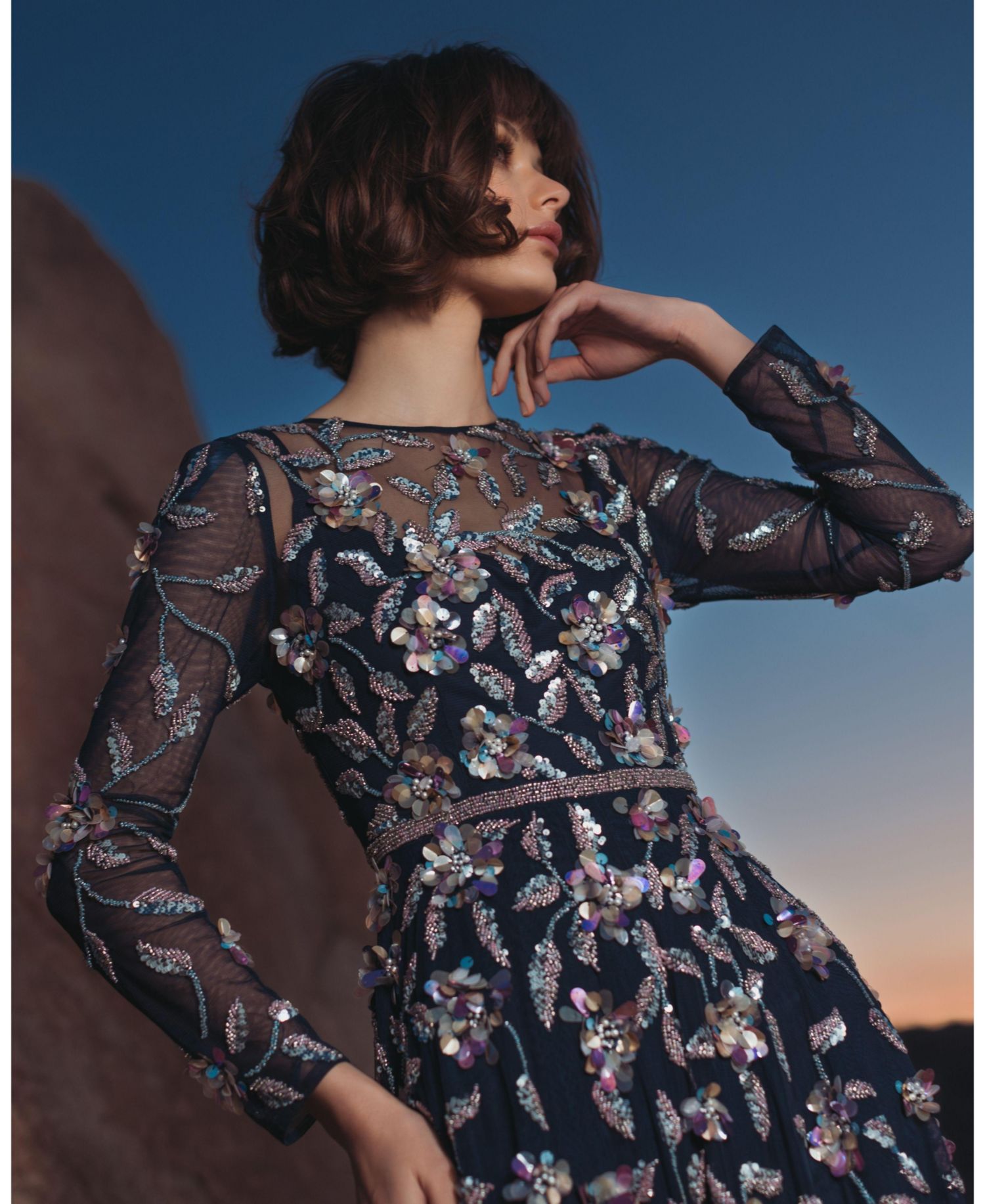 Petite Long Sleeve Mesh Gown with Beaded Floral Applique