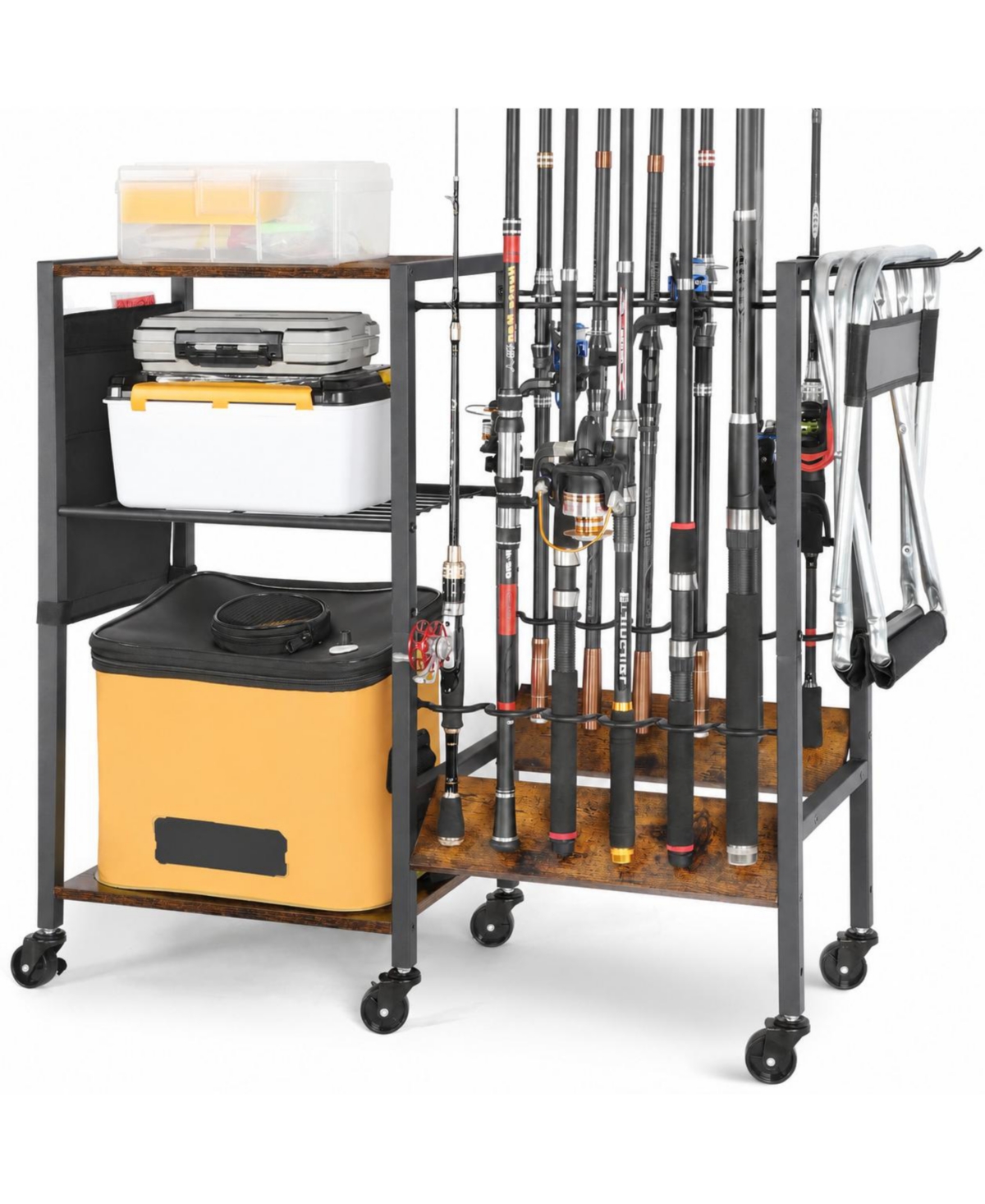 Furlihong Rolling Fishing Rod Holder Cart Heavy Duty Garage Boat Tackle Storage Organizer