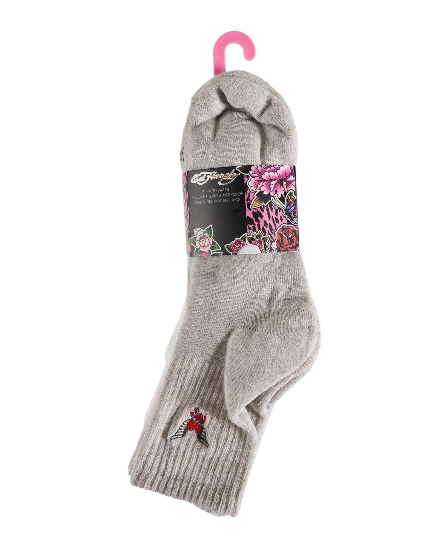 Women's Rose and Bird Embroidery Full Cushion Mid Crew Socks, 5-Pack