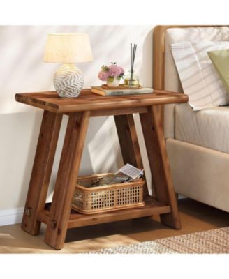Solid Wood Side Table with 2-Tier Storage, for Living Room Bedroom, Small Places