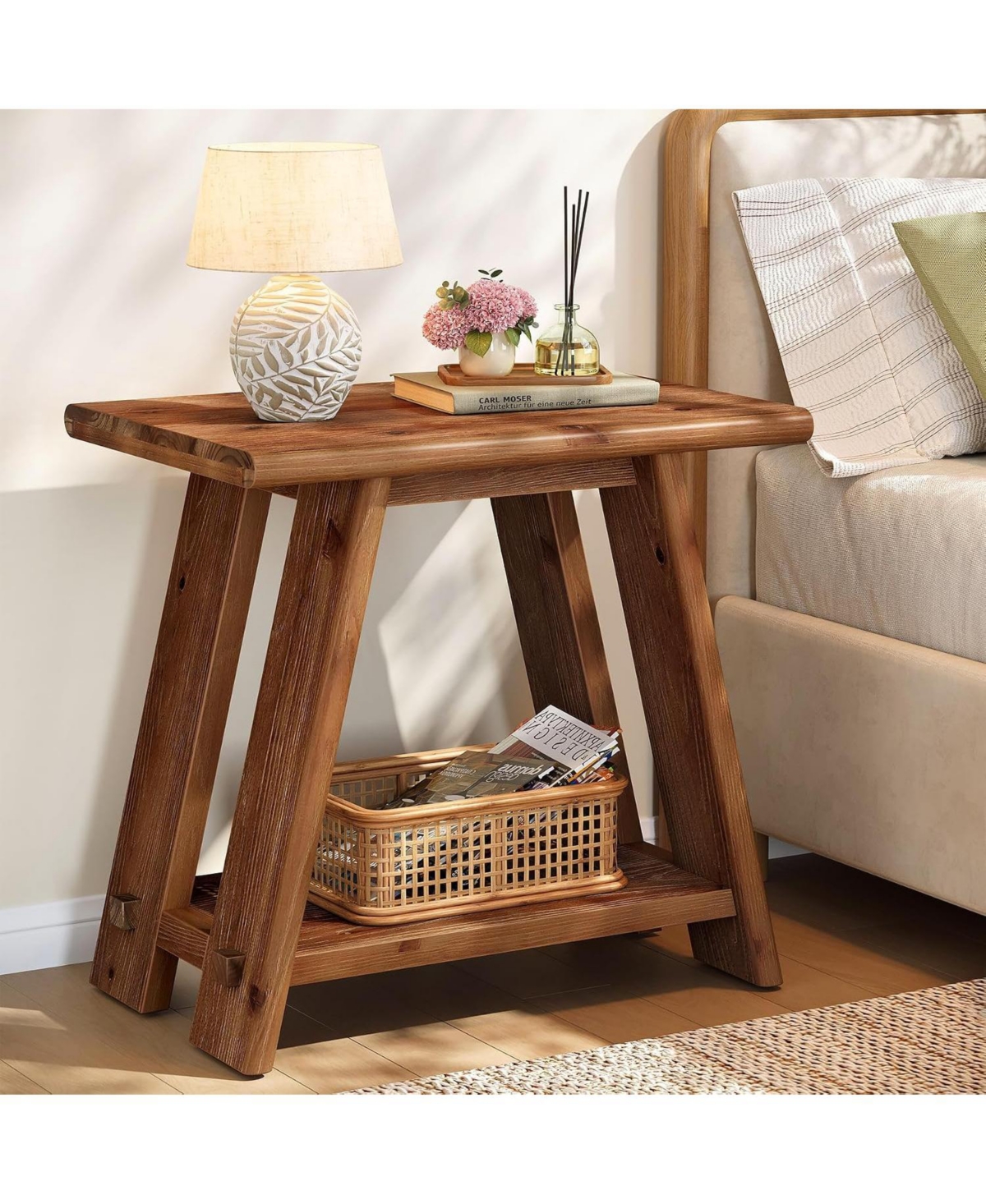 Tribesigns Solid Wood Side Table with 2-Tier Storage, for Living Room Bedroom, Small Places - Brown