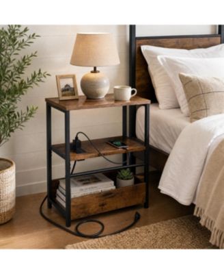 Nightstand with Charging Station - 17.7" Wood and Metal Frame Side Table