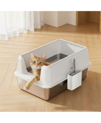 Extra Large Covered Stainless Steel Litter Box, High-Sided Non-Stick Leak-Proof Tray, Reduces Mess, Scoop Included, 23.62" x 15.75" x 14"