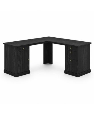 60" Fluted L-Shaped Desk with File Drawer and Charging Station Desk.