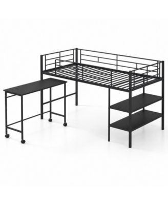 Loft Bed with Rolling Desk and Bookshelf, Metal Slats for Bedroom Dormitory