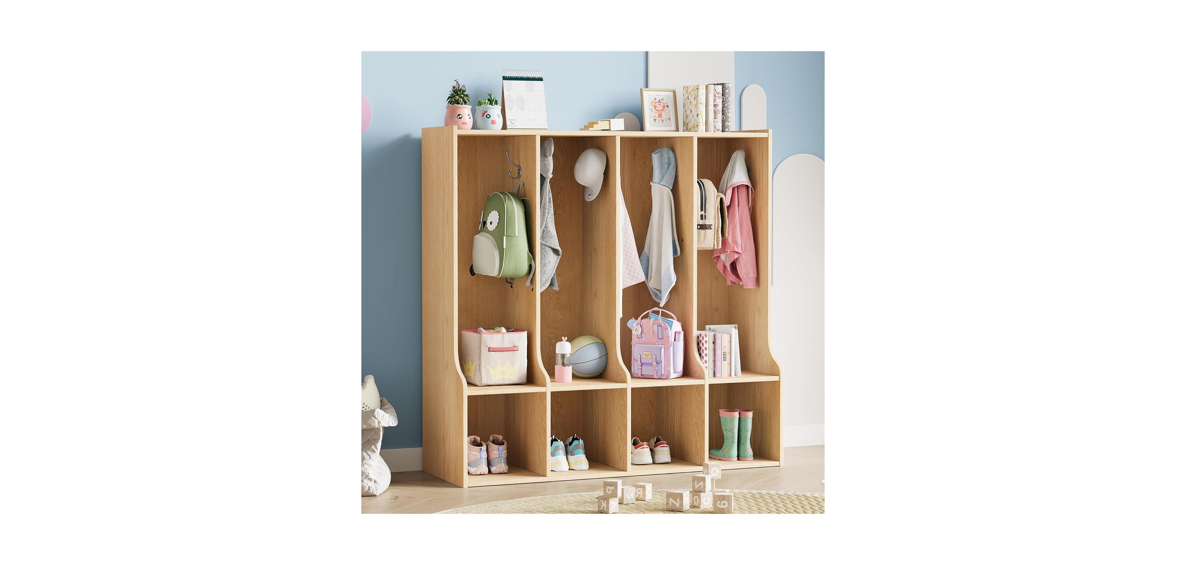 gaomon 4-Section Classroom Coat Locker with 4 Cubbies, Daycare Cubby Storage Organizer 8 Hooks for Home, School, Nursery, Kindergarten