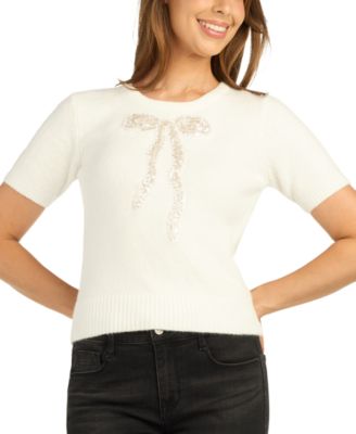 Women's Short-Sleeve Crewneck Embellished Sweater