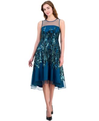 Women's Illusion and Sequin Midi Boat-Neck Sleeveless Dress