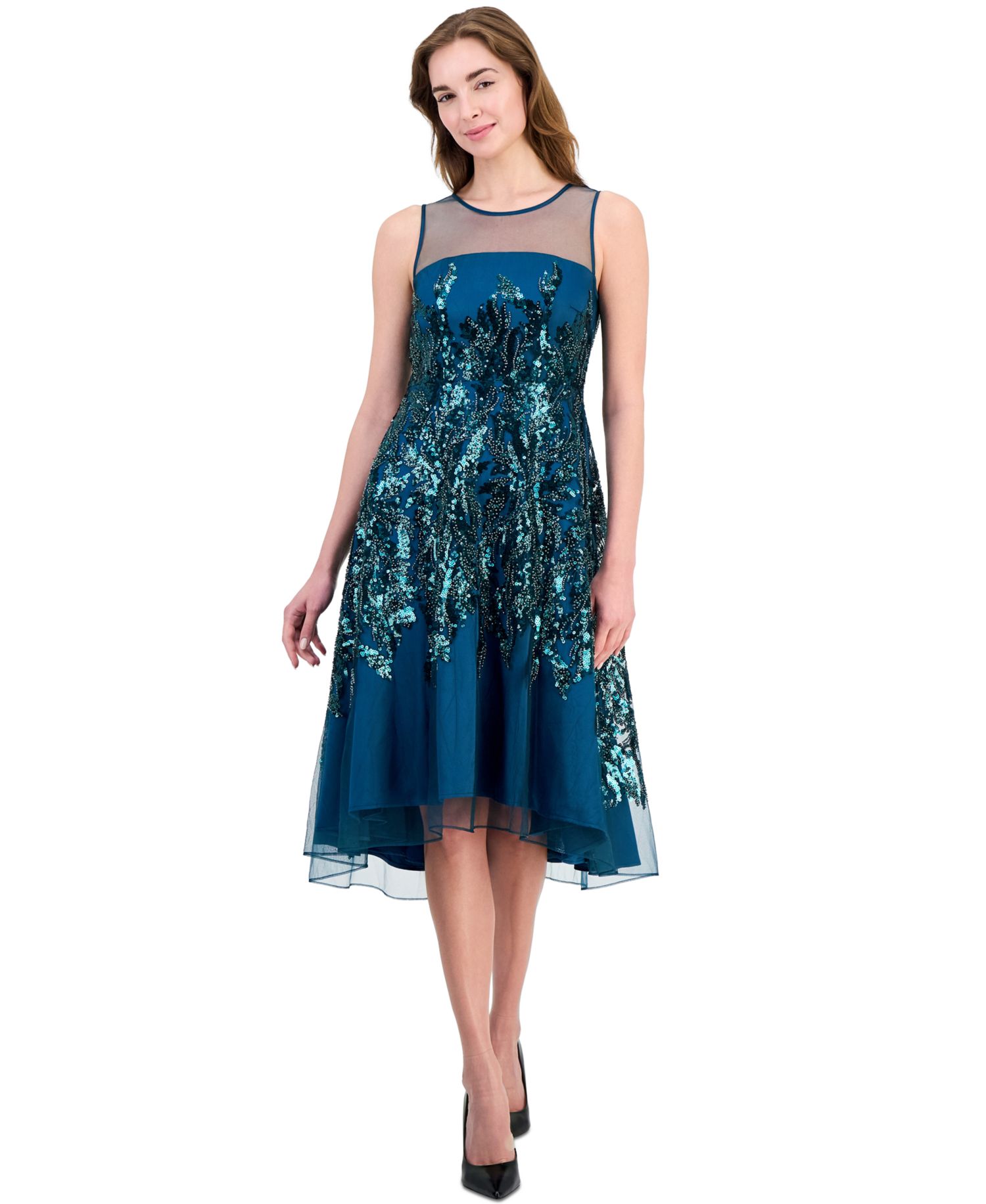 Women's Illusion and Sequin Midi Boat-Neck Sleeveless Dress