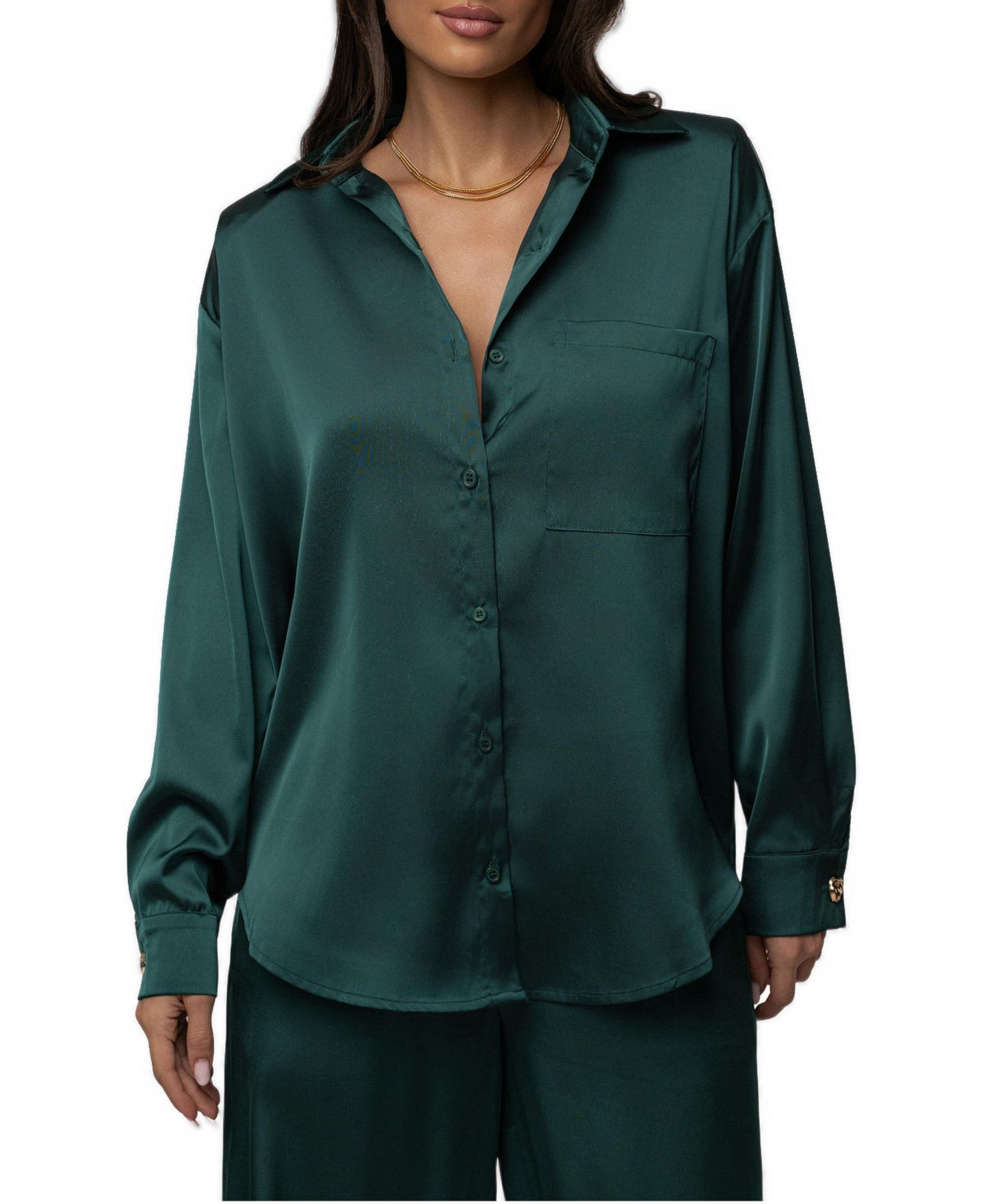 Женская блузка JLUXLABEL Island Ease Long-Sleeve Button-Down Satin, цвет: Изумрудный — фото 1