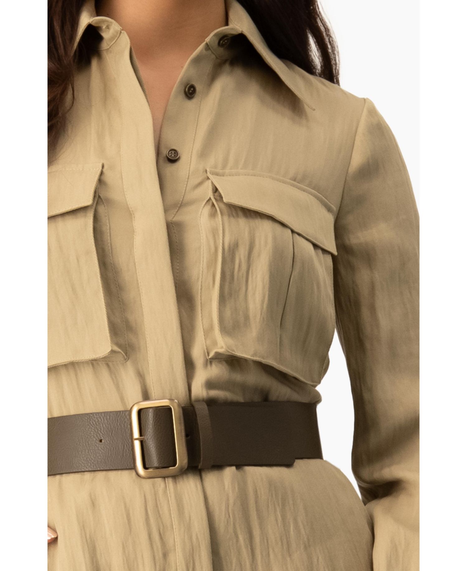 Women's Long Sleeve Button-Front Safari Utility Wide-Leg Jumpsuit
