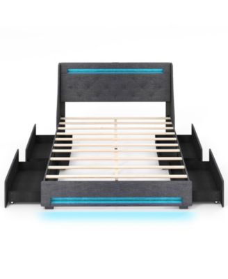 Full Size Bed Frame with LED Lights Wingback Headboard and Charging Station
