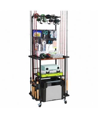 3 Tier Fishing Rod Holder Rack Stores 12 Rods 8 Reels Pegboard Freestanding Garage Organizer