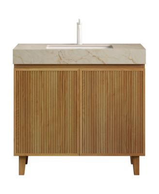 Freestanding Bathroom Vanity Cream Gold Vein Sintered Stone Top Ceramic Basin 1 Pre Drilled Faucet Faucet Drain Woodgrain