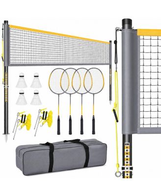 Outdoor Badminton Net Set Anti Sag Winch System 4 Rackets Carry Bag