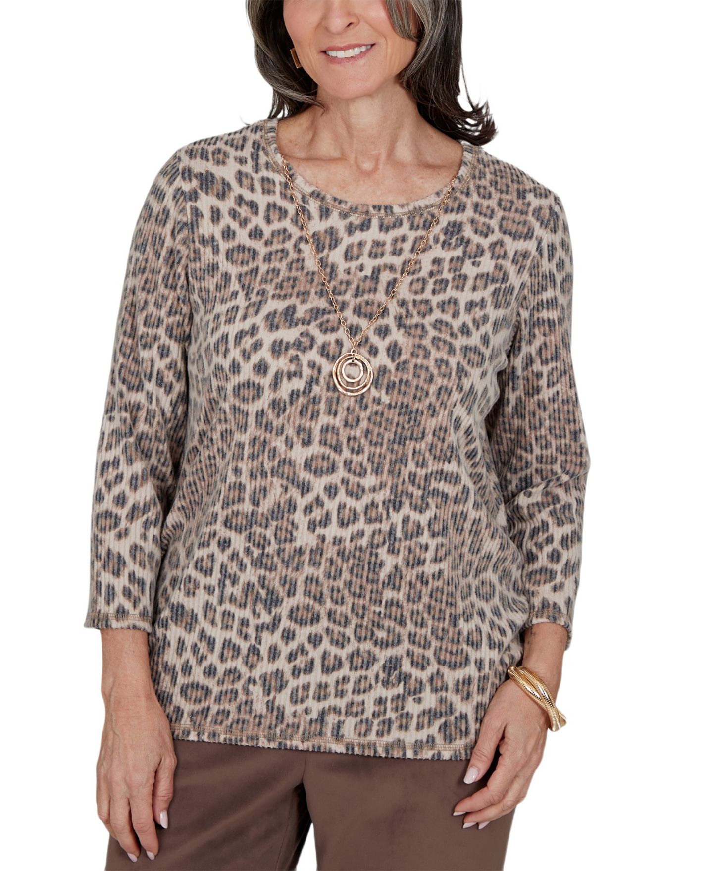 Женский топ Alfred Dunner 3/4-Sleeve Leopard-Print, цвет: Коричневый разноцветный — фото 1