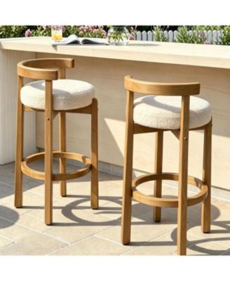 Counter Height Bar Stools Set of 2, Kitchen Island Chairs, Oak Curved Backrest, Solid Wood Legs, Boucle Upholstered Padded Seat Breakfast