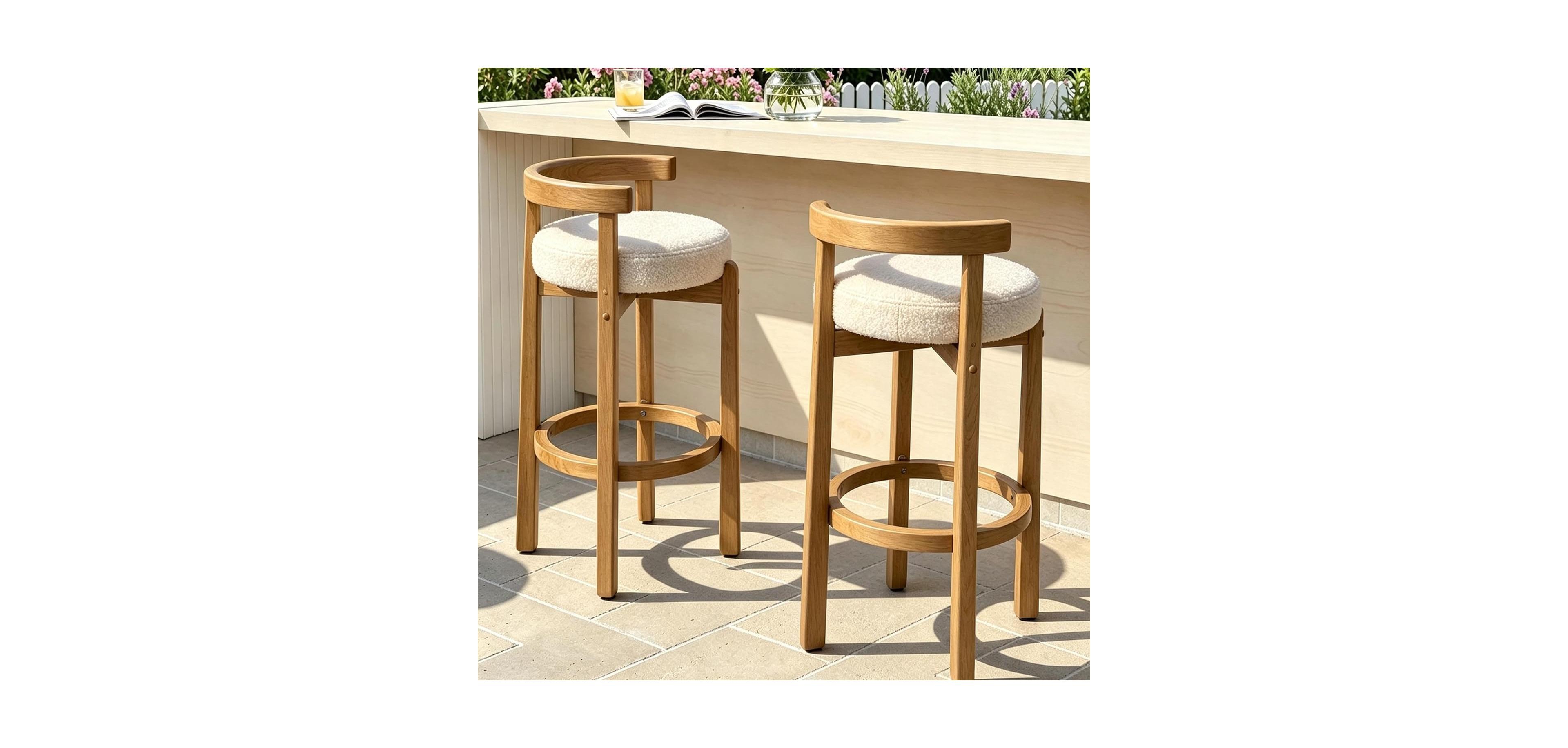 gaomon Counter Height Bar Stools Set of 2, Kitchen Island Chairs, Oak Curved Backrest, Solid Wood Legs, Boucle Upholstered Padded Seat Breakfast