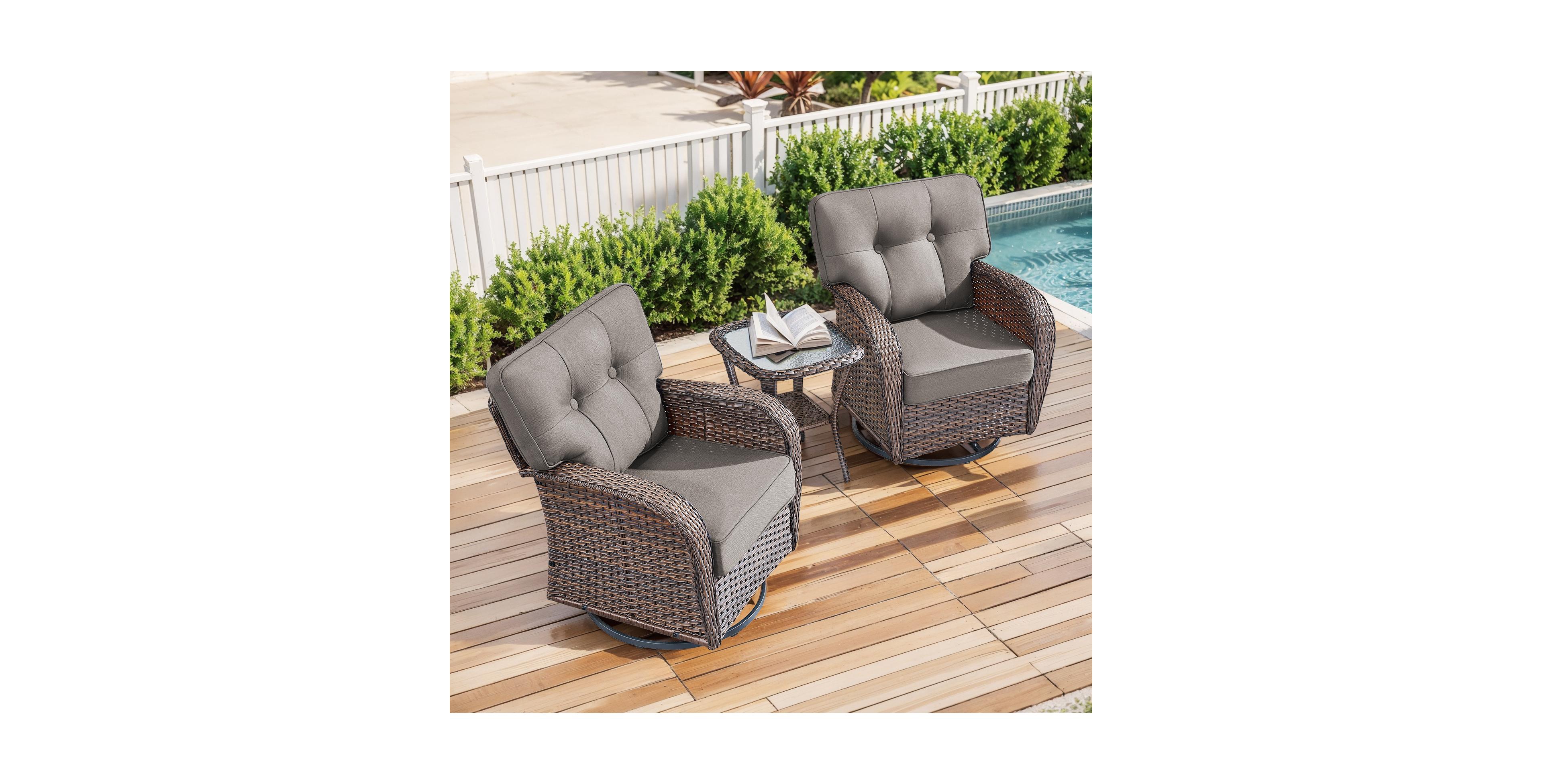 Pocassy 3-Piece Patio Furniture Set, Outdoor Swivel Rocker Chairs with 5" Cushions and Glass Coffee Table, All-Weather Wicker Bistro Set Chairs
