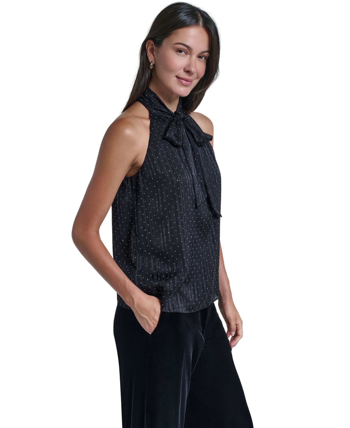 Женская блузка Calvin Klein Halter Tie Neck Polka-Dot, цвет: Чёрный разноцветный — фото 3