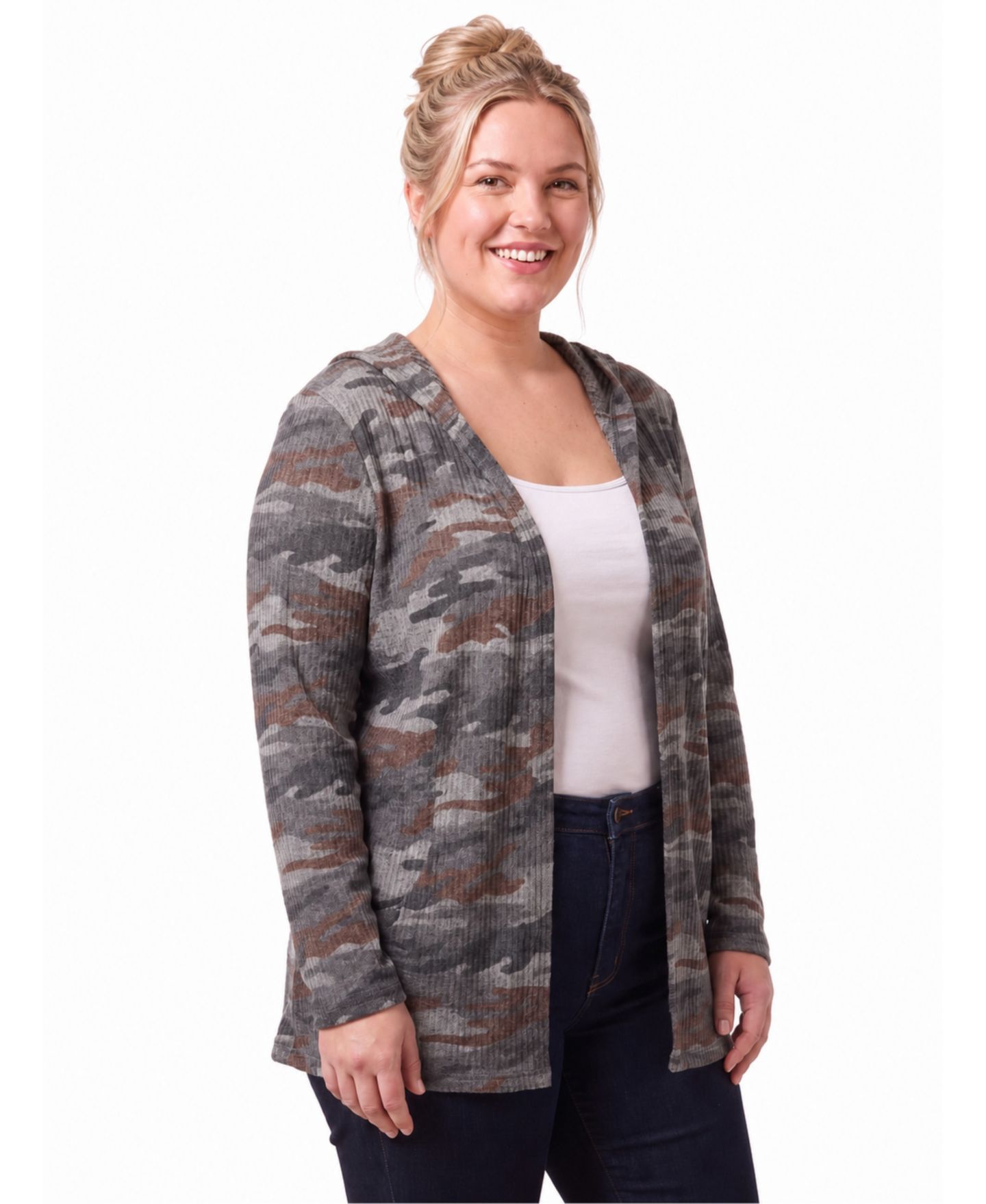 Женский кардиган 24seven Comfort Apparel Plus Size Hooded Open-Front Camo-Print, цвет: Серый разноцветный — фото 2