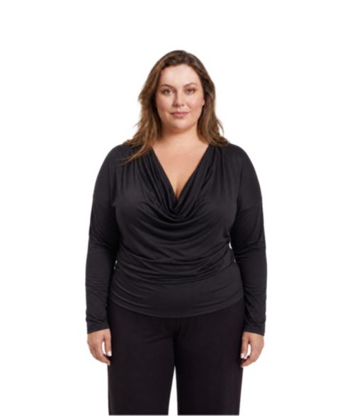 Женский топ 24seven Comfort Apparel Plus Size Cowl Neck Long-Sleeve Shimmery, цвет: Чёрный