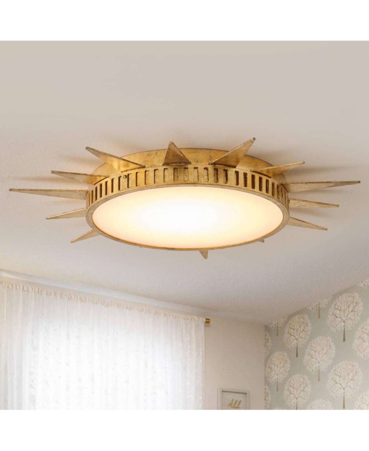 Parrot Uncle 25-Inch Antique Hand Painted Sunburst Flush Mount Ceiling Light - Distressed gold