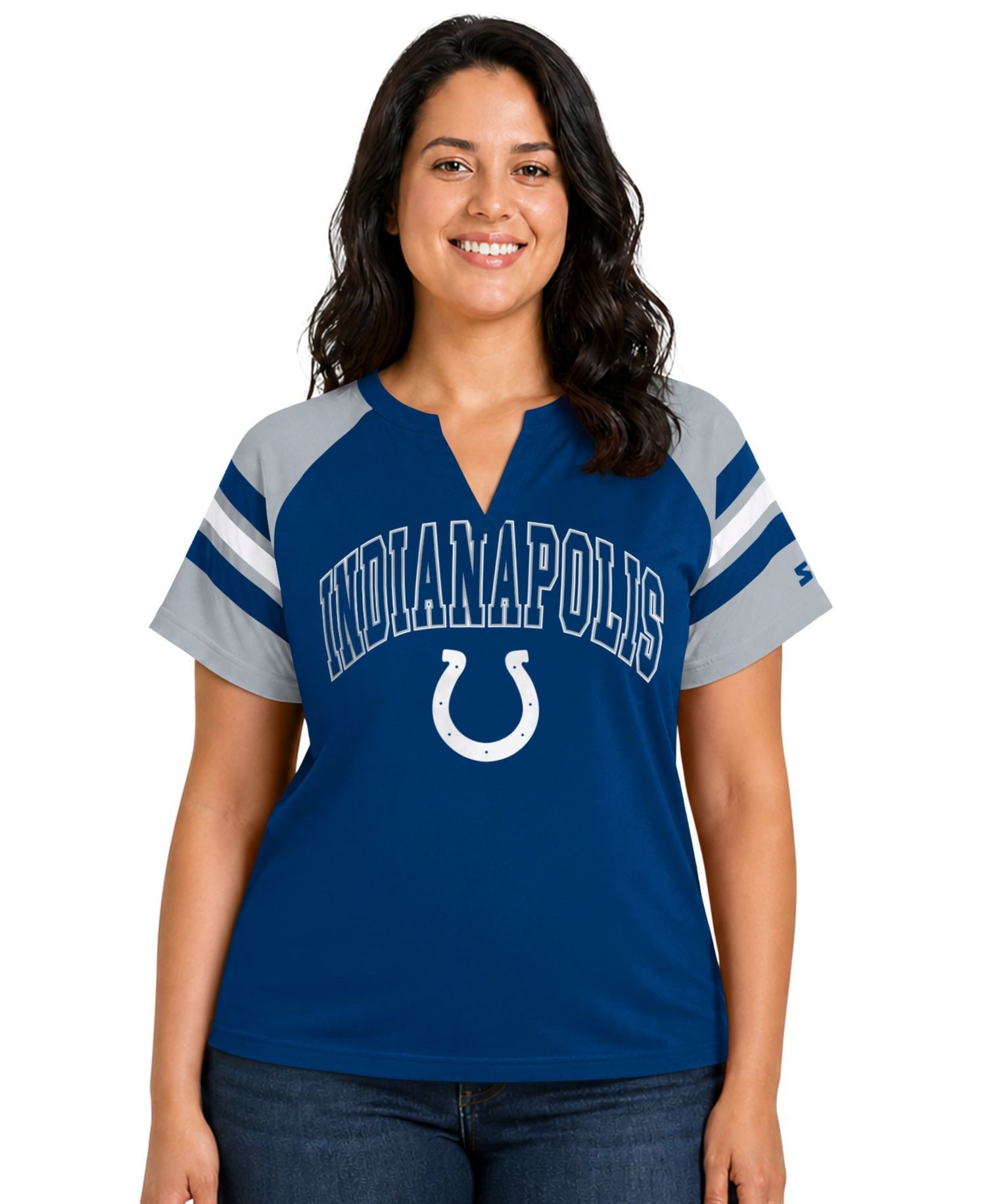 Women's Royal Indianapolis Colts Plus Size Game On Notch Neck Raglan T-Shirt