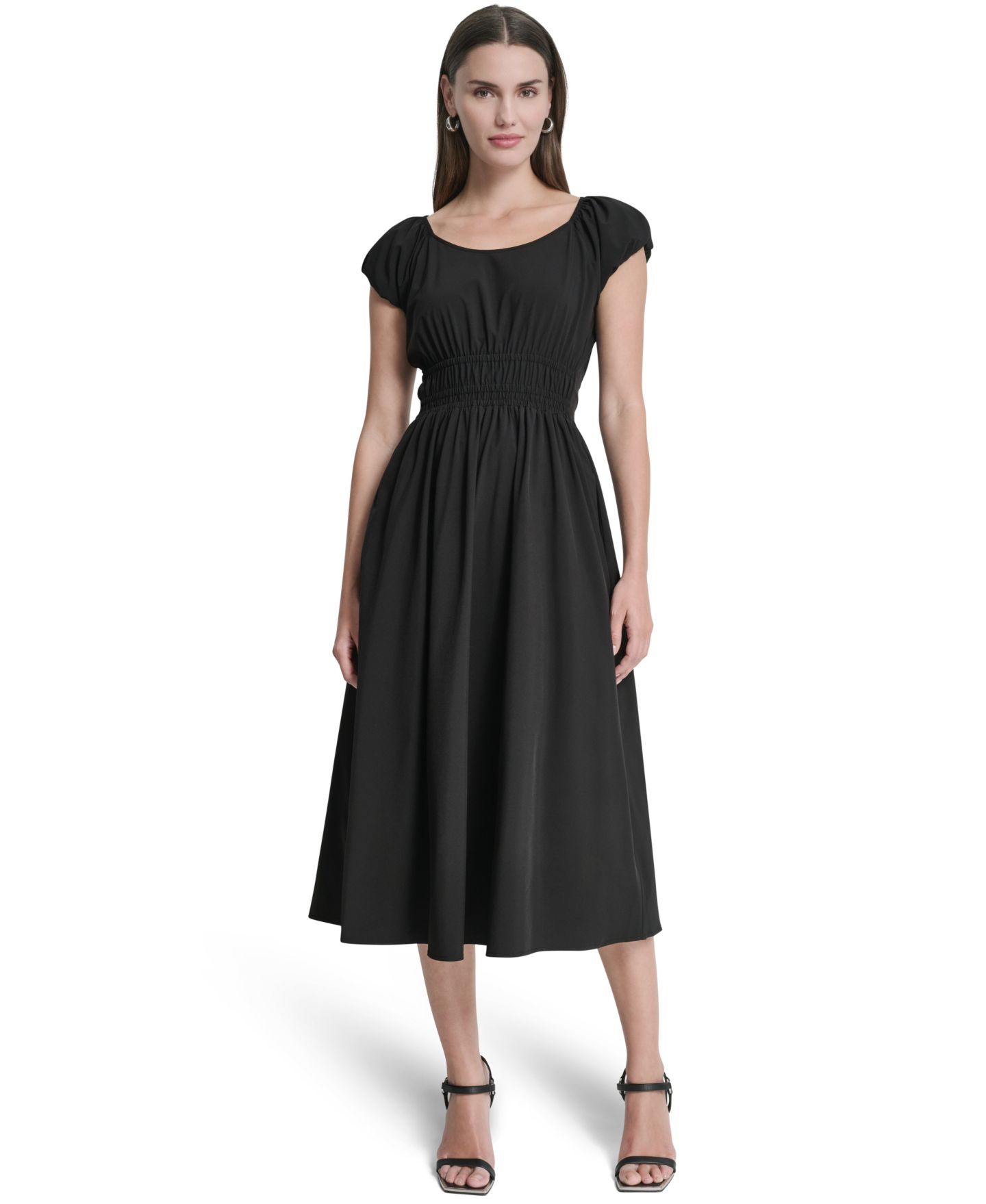Женское платье DKNY Puff Sleeve Tiered Midi, цвет: Чёрный — фото 2
