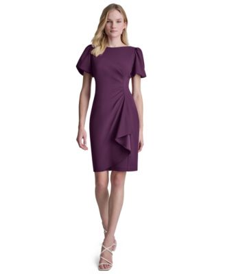 Women's Bubble-Sleeve Scuba Crepe Ruched Sheath Dress