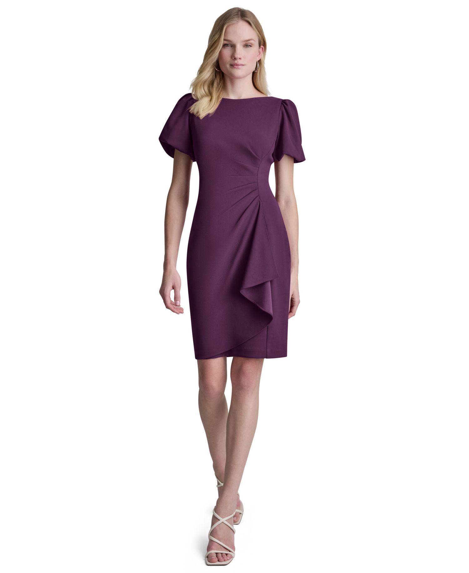 Women's Bubble-Sleeve Scuba Crepe Ruched Sheath Dress