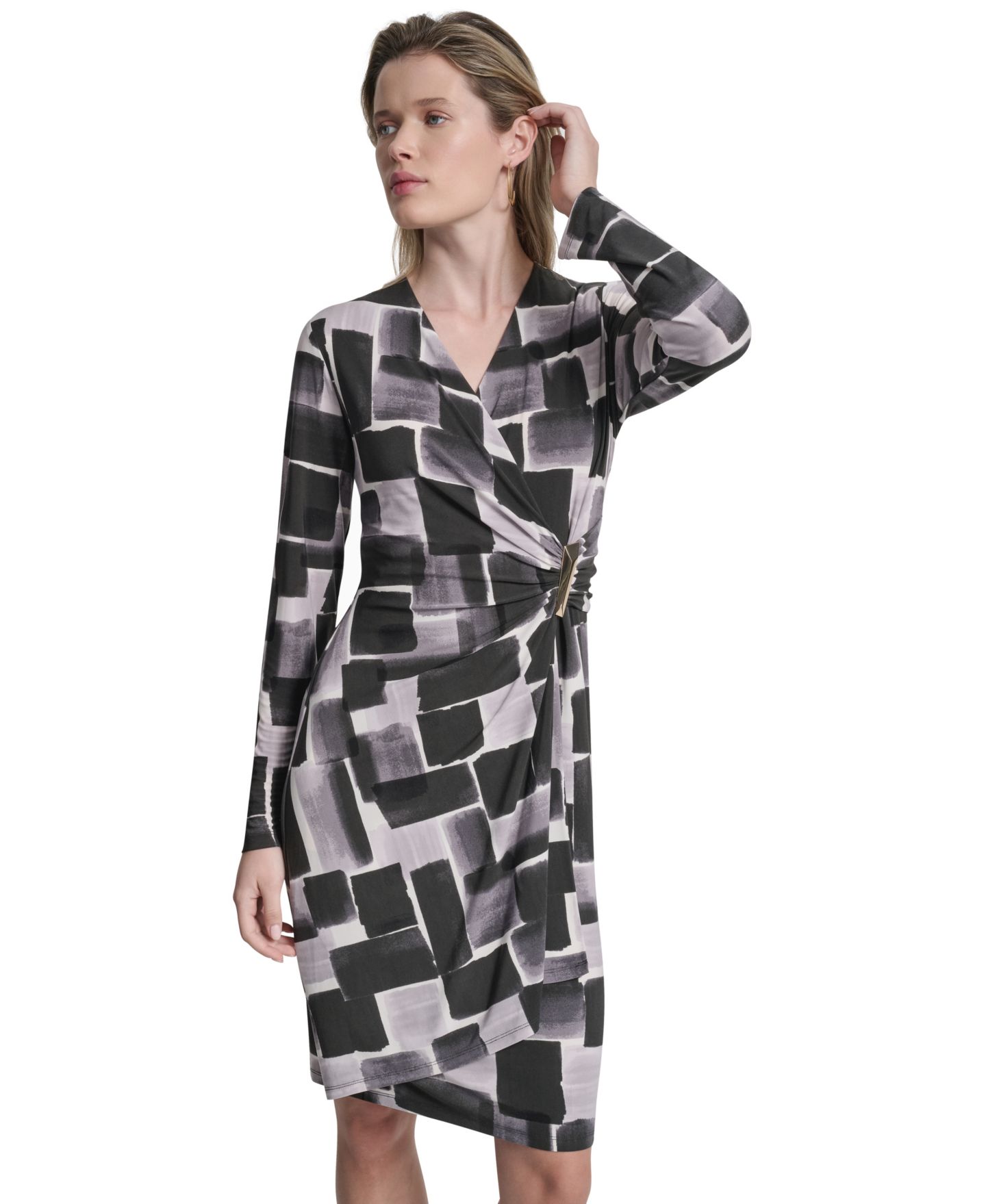 Женское платье DKNY с запахом, V-образным вырезом и длинным рукавом, цвет: Чёрный разноцветный — фото 2