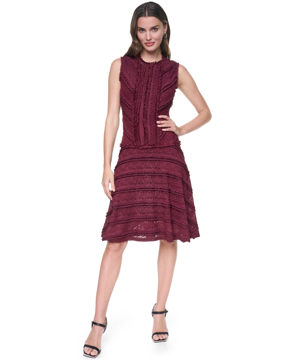 Dkny Women's Sleeveless Crew Neck Ruffle Hem Dress - Burgundy